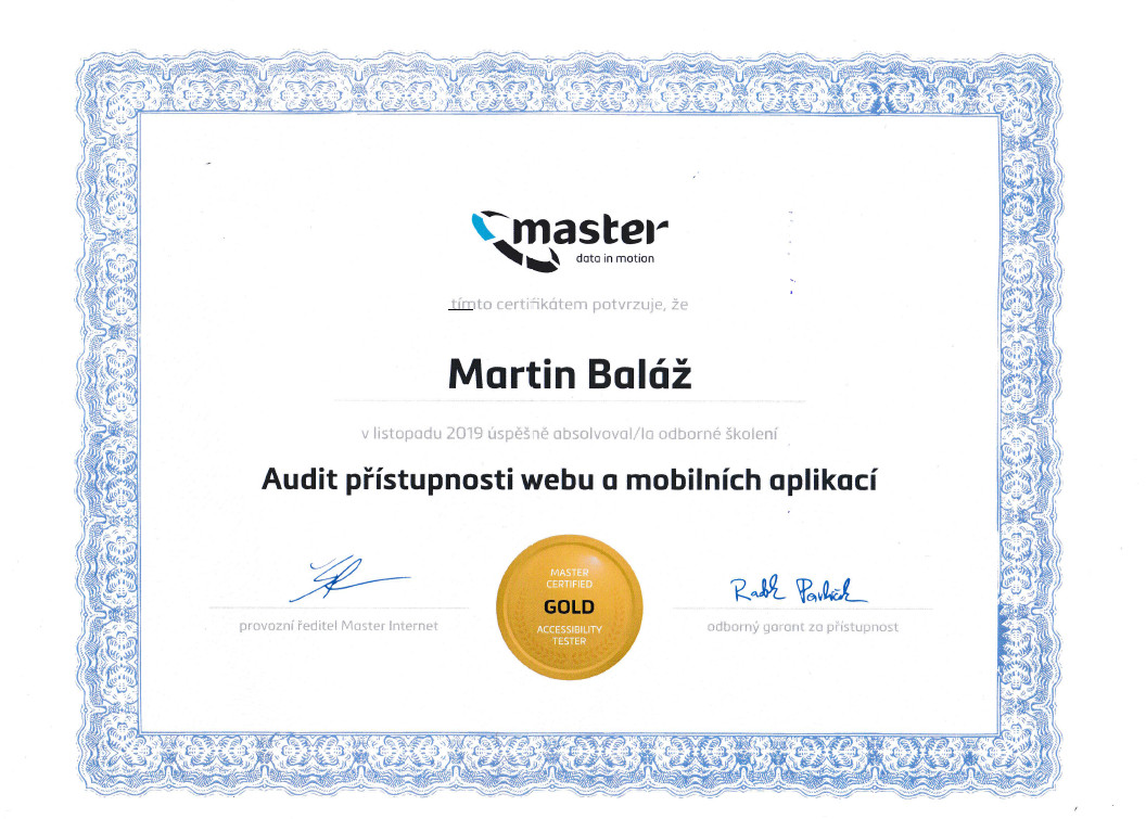 Certifikát Master Internet - Martin Baláž