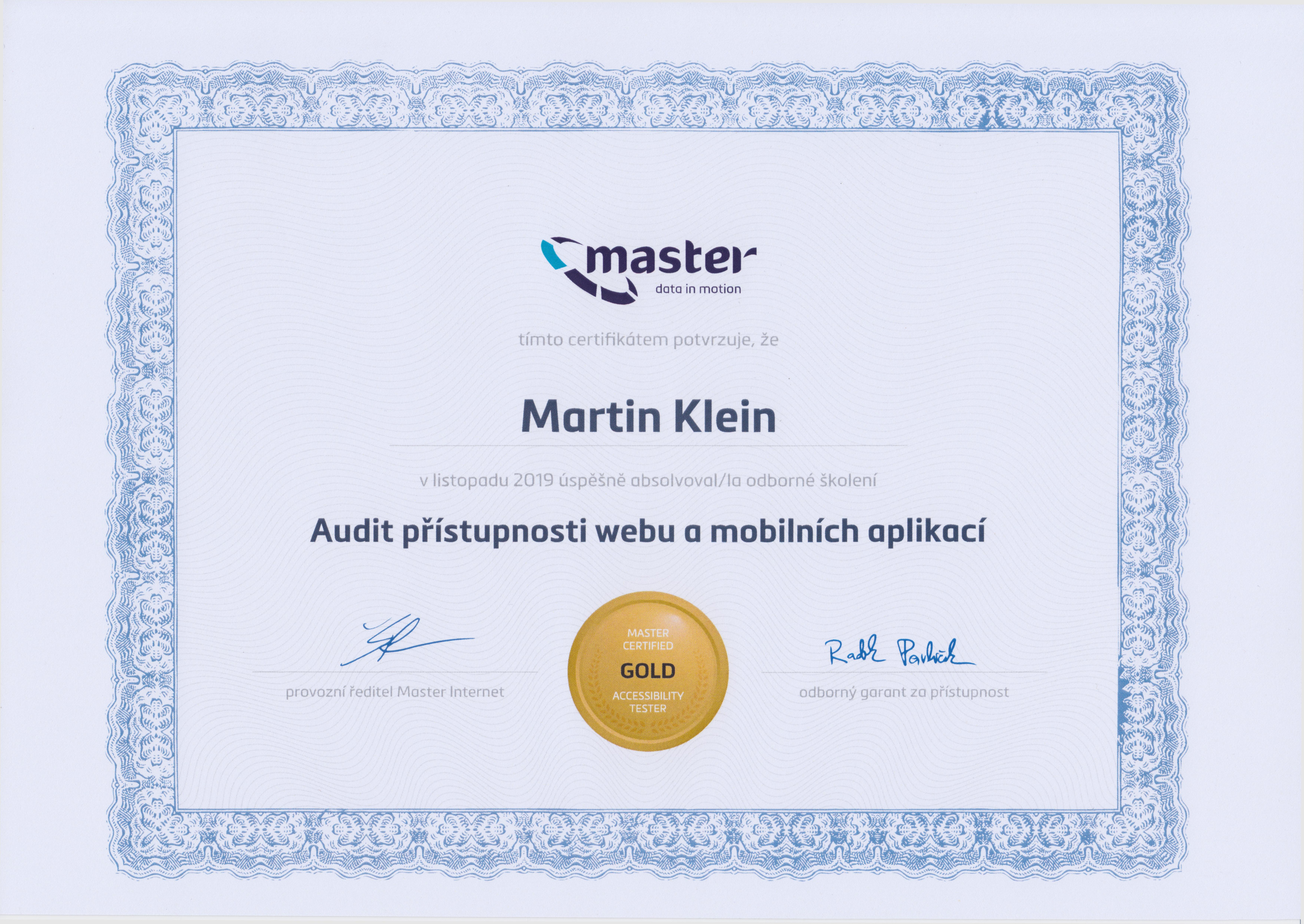 Certifikát Master Internet - Martin Klein