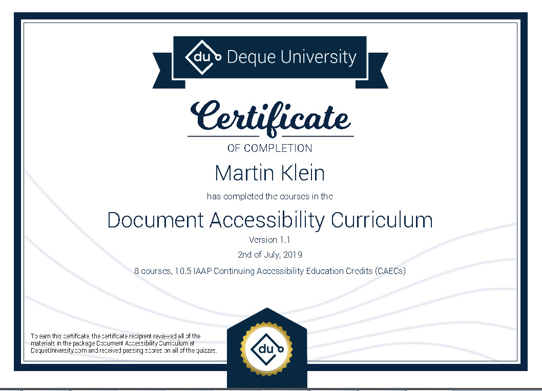 Certificate of completion - Document Accessibility Curriculum 1.1